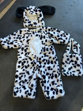 Baby Dalmatian Faux-Fur One-Piece Pajama with Hood and Bag - Black & White